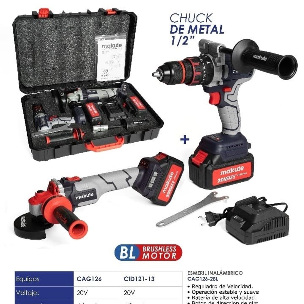MAKUTE - SET AMOLADORA INALAMBRICA DE 20V + TALADRO PERCUTOR INALAMBRICO DE 20V