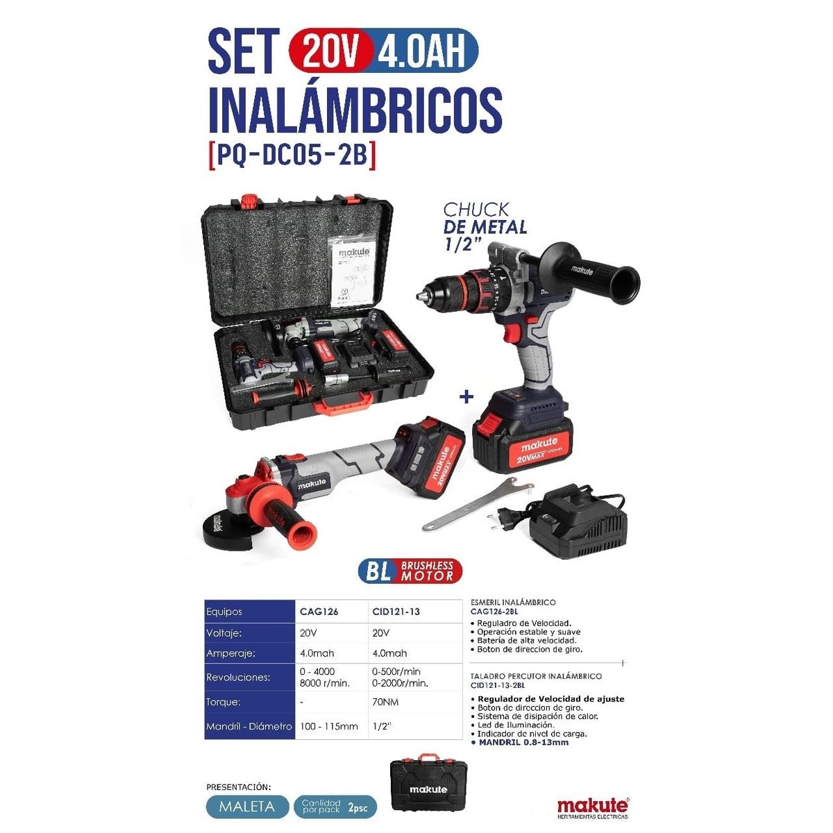 MAKUTE - SET AMOLADORA INALAMBRICA DE 20V + TALADRO PERCUTOR INALAMBRICO DE 20V