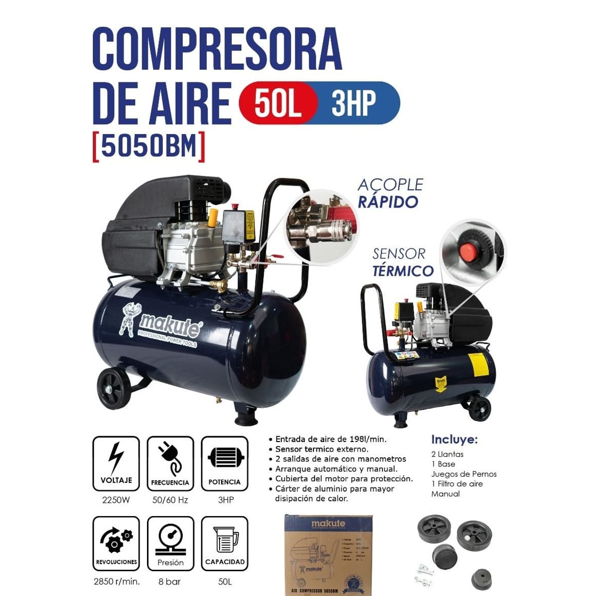MAKUTE - COMPRESORA DE AIRE DE 50 LITROS / 3HP