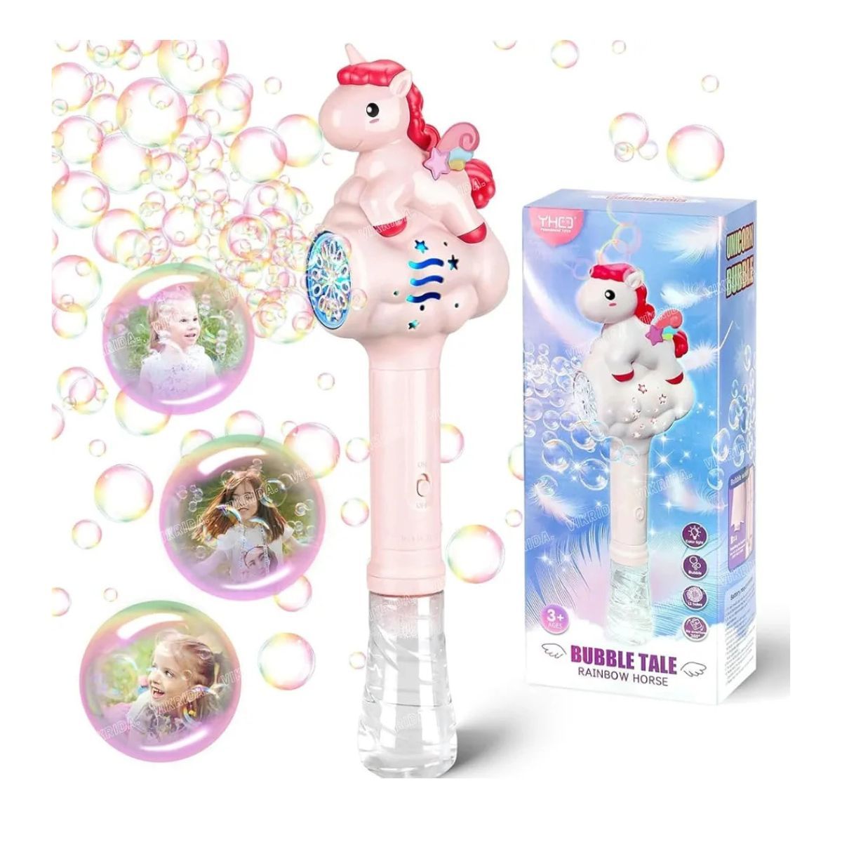 GENERICO - JUGUETE VARITA DE BURBUJAS UNICORNIO CON LUZ PARA NIÑAS ROSA