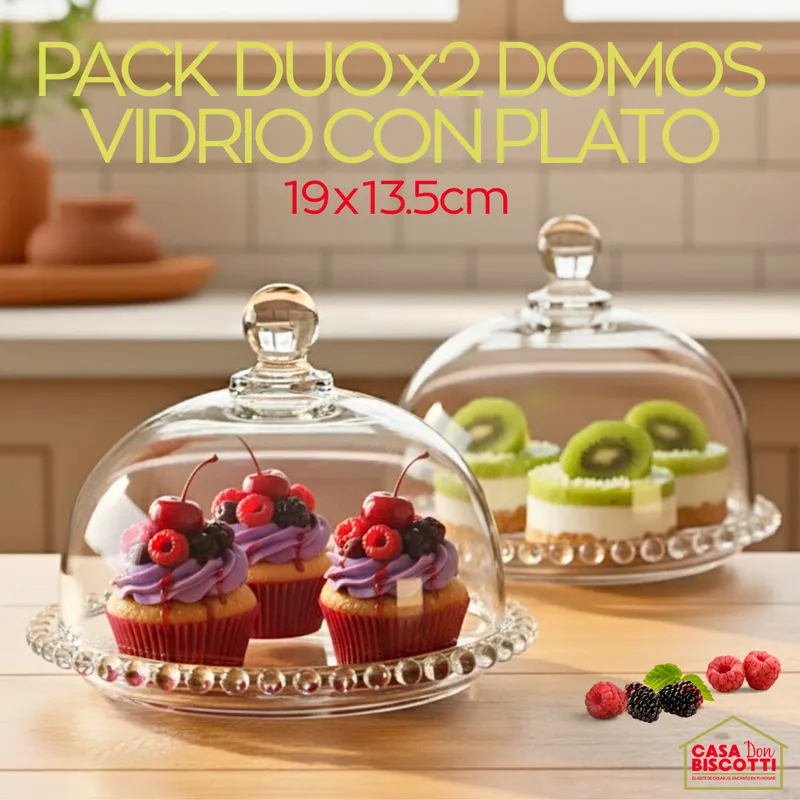 GENERICO - Domo de Vidrio con Plato 19cmx13cm PACK DUO x2 - Cúpula de Vidrio para exhibir postres