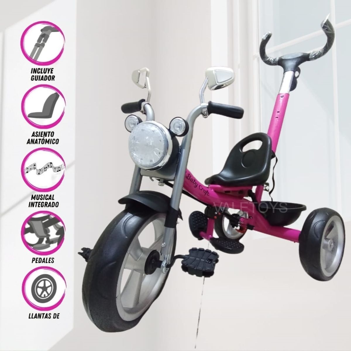 BABY HAPPY - Triciclo Chavito Con Guiador Para Niños Bluetooth Rosado
