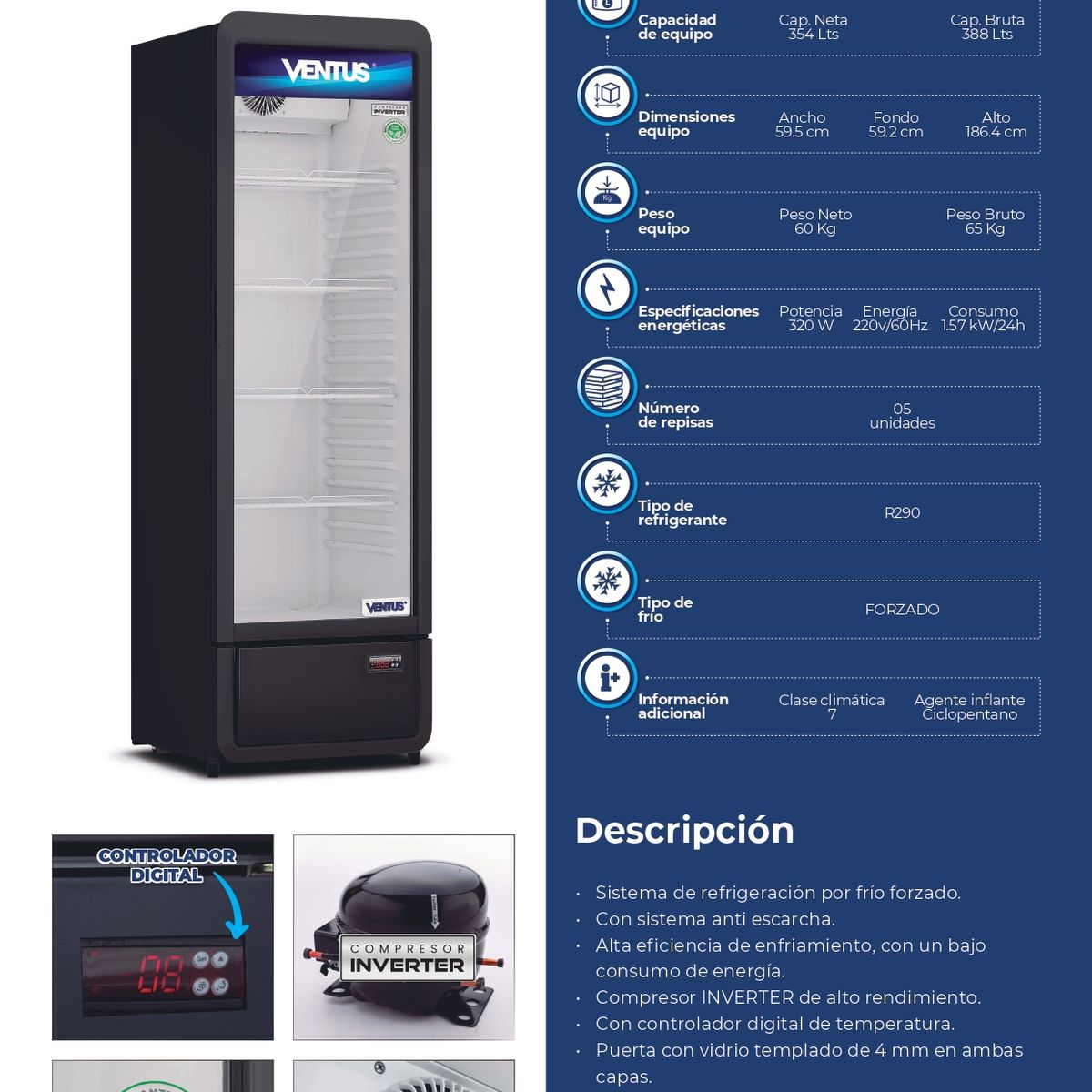 VENTUS - Visicooler Inverter Negro 360 Litros (interior blanco) V-360 INV -VENTUS