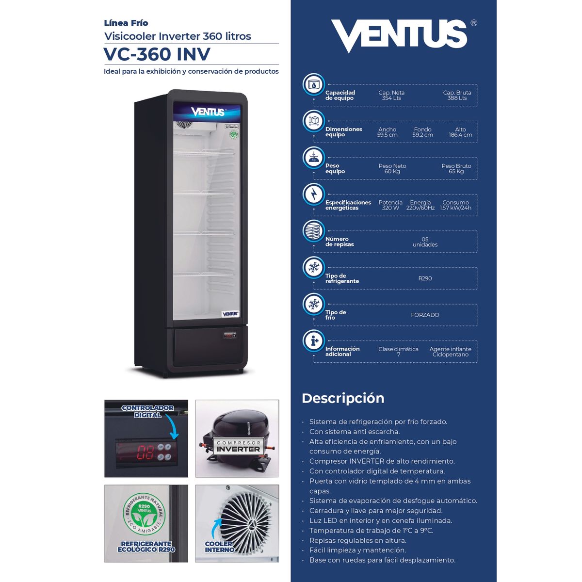 VENTUS - Visicooler Inverter Negro 360 Litros (interior blanco) V-360 INV -VENTUS