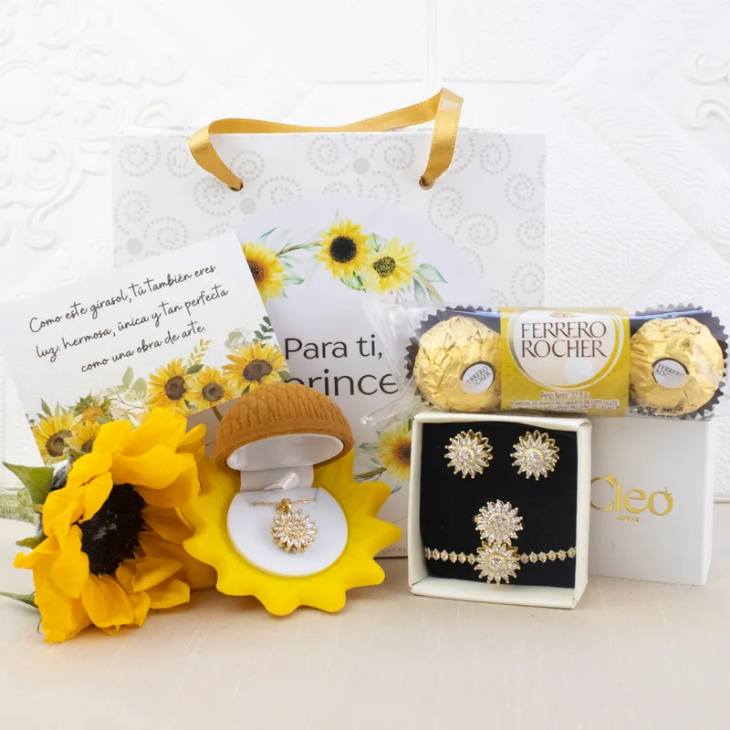 CLEO JOYAS & ACCESORIOS - Flores Amarillas Set Girasol Giratorio con Estuche Con Chocolates