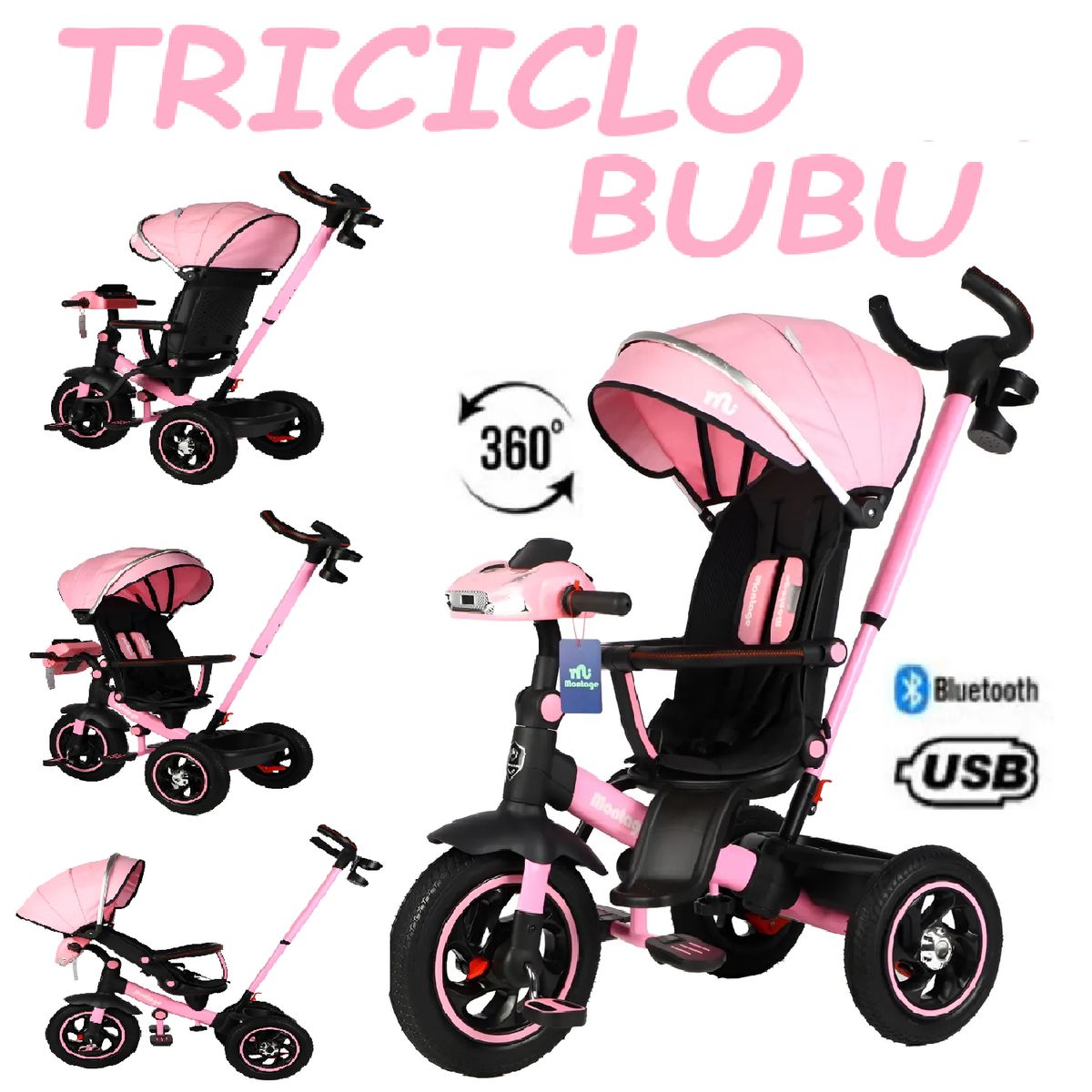 GENERICO - Triciclo Miusical USB Bluetooth Giratorio Bubu -Rosado