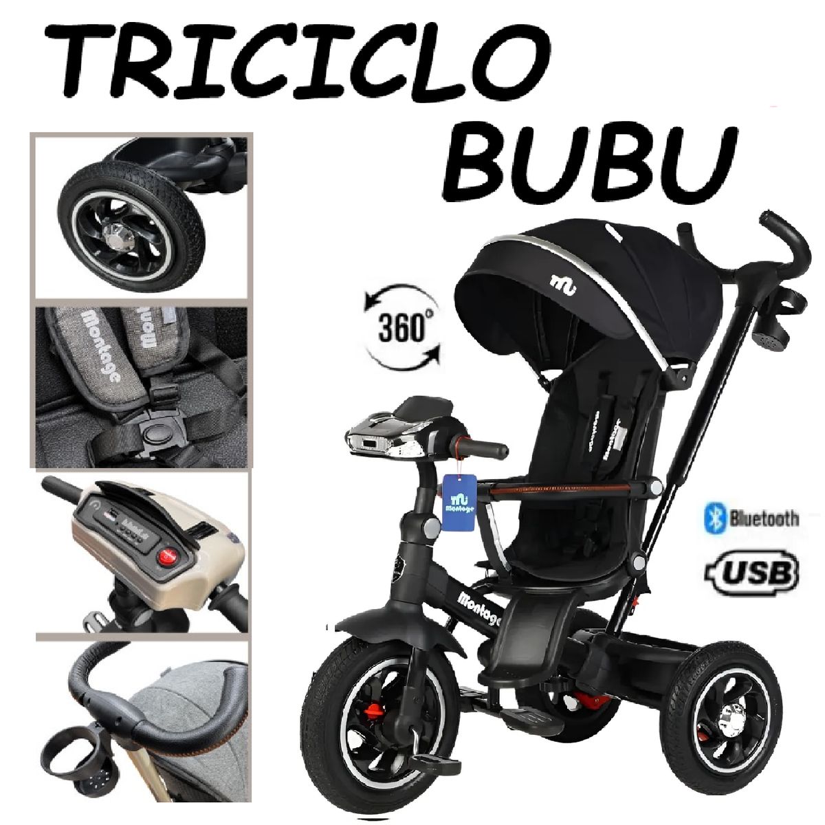 GENERICO - Triciclo Miusical USB Bluetooth Giratorio Bubu -Negro