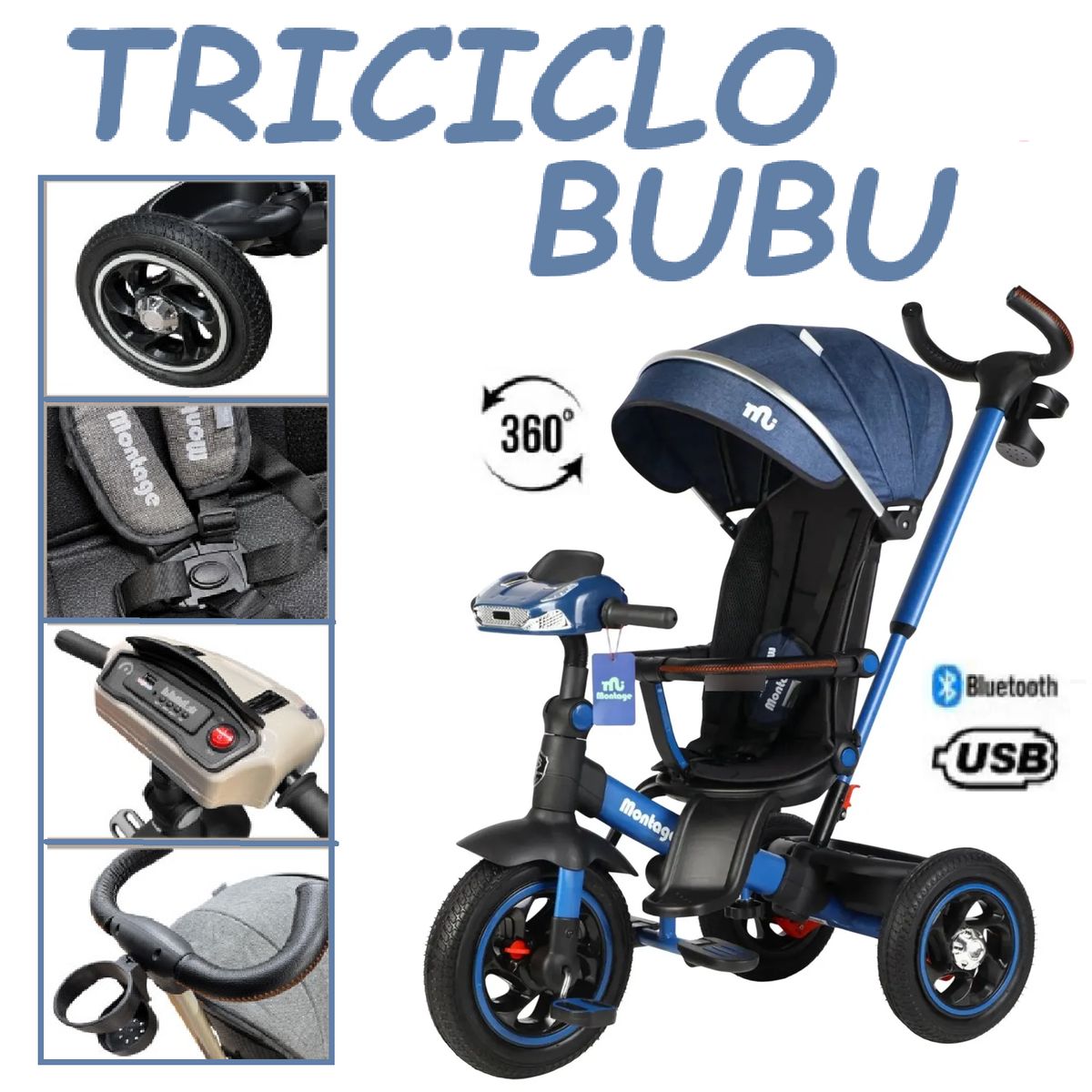 GENERICO - Triciclo Miusical USB Bluetooth Giratorio Bubu -Azul