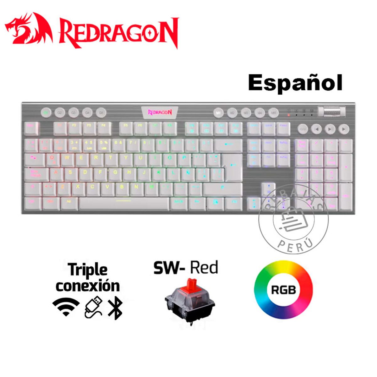 REDRAGON - Teclado Mecánico Gamer Redragon HORUS K618W RGB Blanco Wireless Red