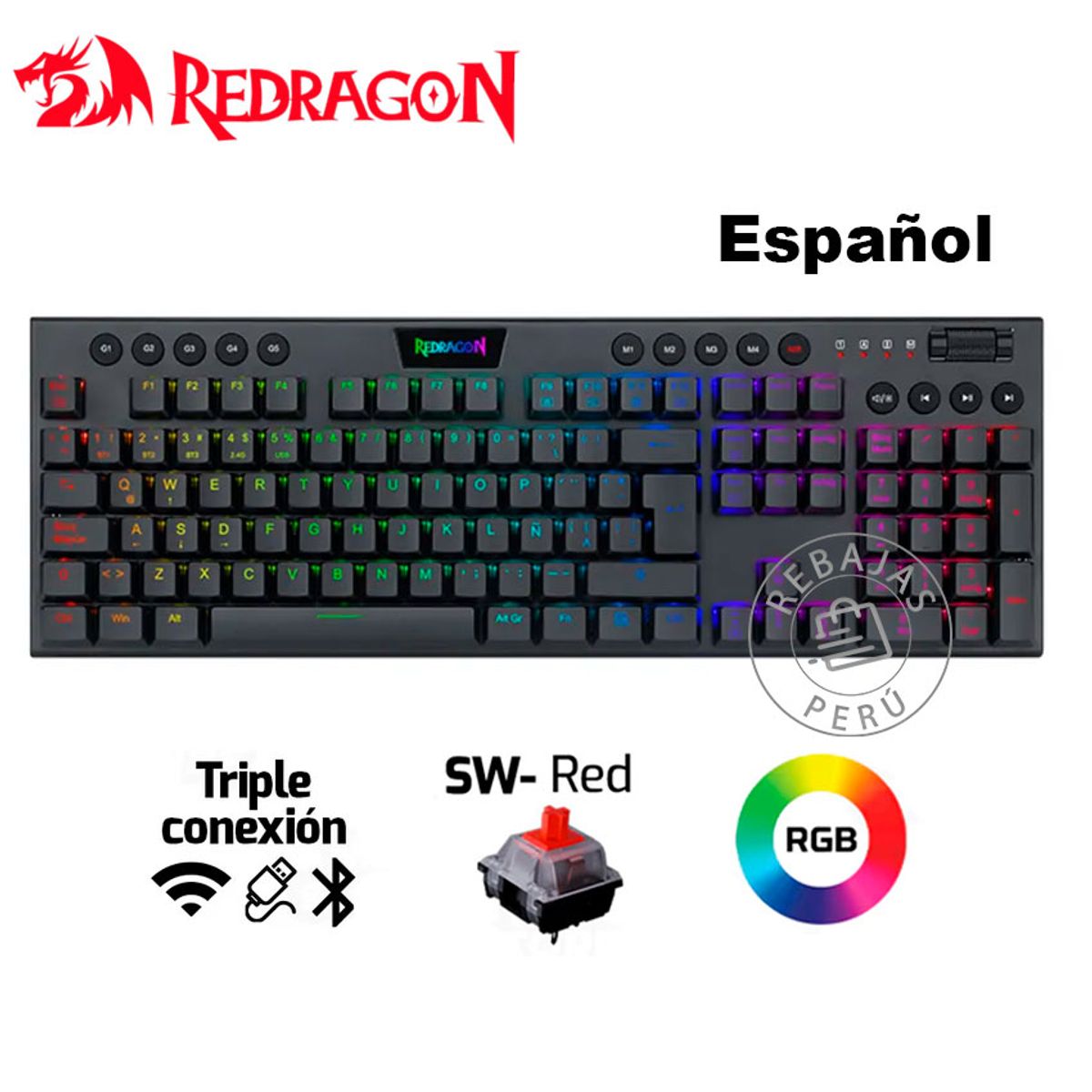 REDRAGON - Teclado Mecánico Gamer Redragon HORUS K618-RGB Negro Wireless Red