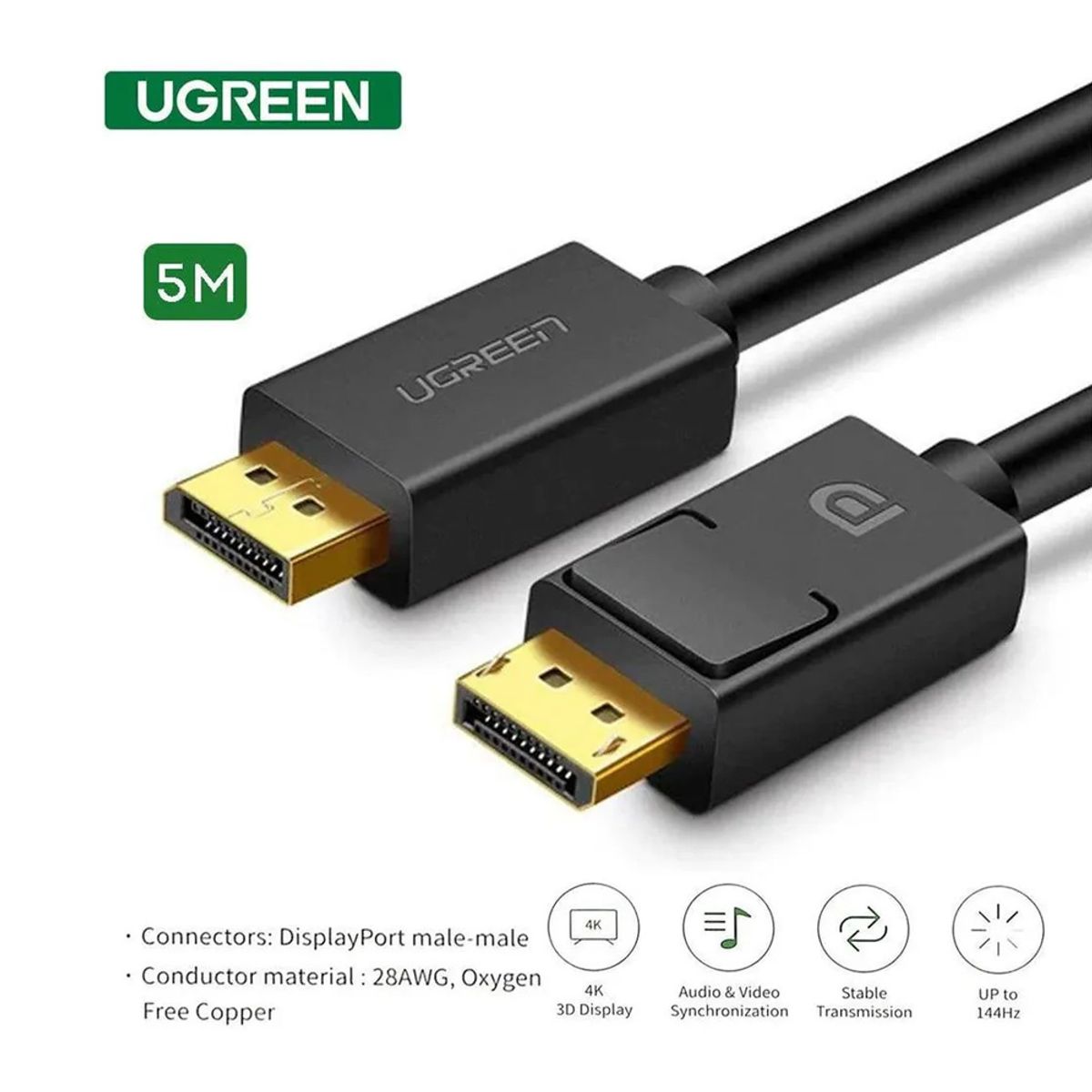 UGREEN - CABLE DISPLAYPORT UGREEN MACHO A MACHO 5MTS 4K 1.2 NEGRO 10213
