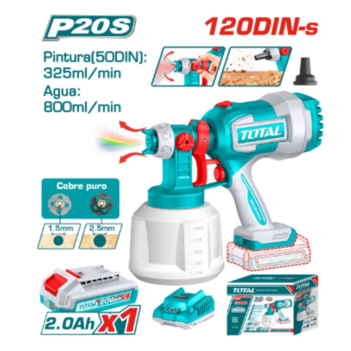 TOTAL TOOLS - Pistola De Pintar 20v 1000ml 120din Bateria 1X20AH TOTAL- TSGLI20042