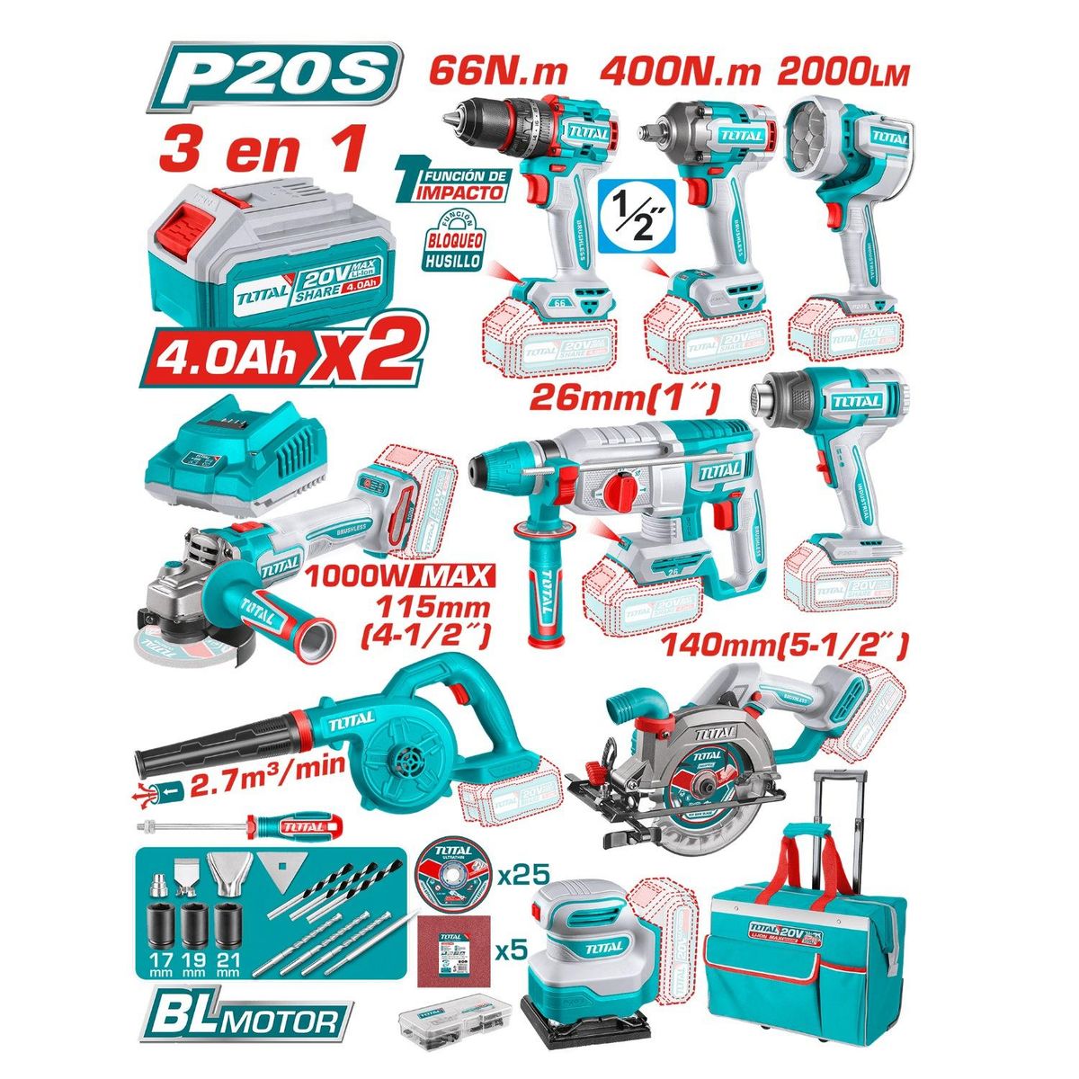 TOTAL TOOLS - Super Combo Inalámbrico 9 en 1 Super Pro Total