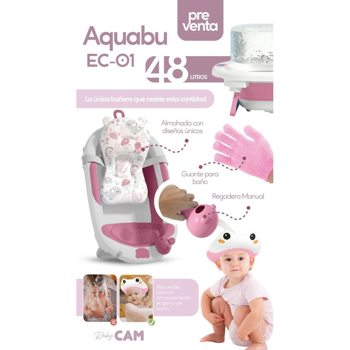 CAM - BAÑERA  AQUABU 48 LITROS ROSADO  ACCESORIOS