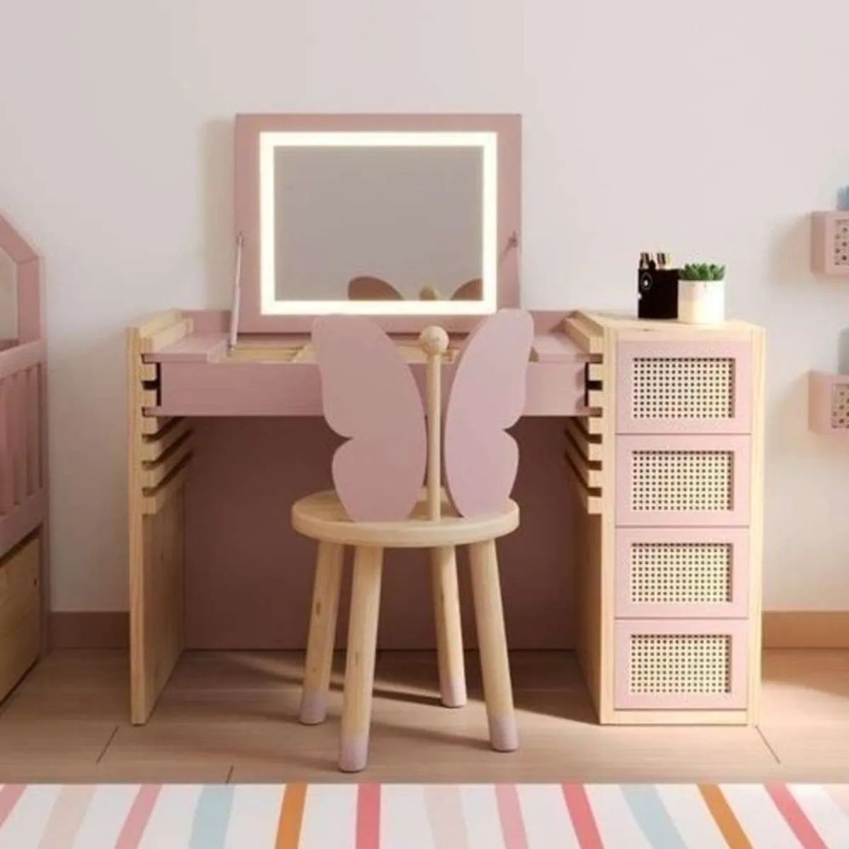 TU MESITA - Tocador + Silla Infantil Congala con Espejo y Luces Led RosadoDuna