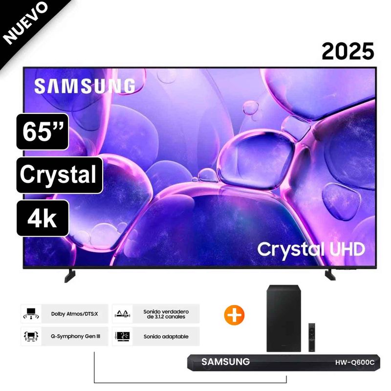SAMSUNG - Televisor Samsung Smart TV 65Crystal UHD 4K UN65U8000FGXPE  Nuevo 2025 + Soundbar HW-Q600C
