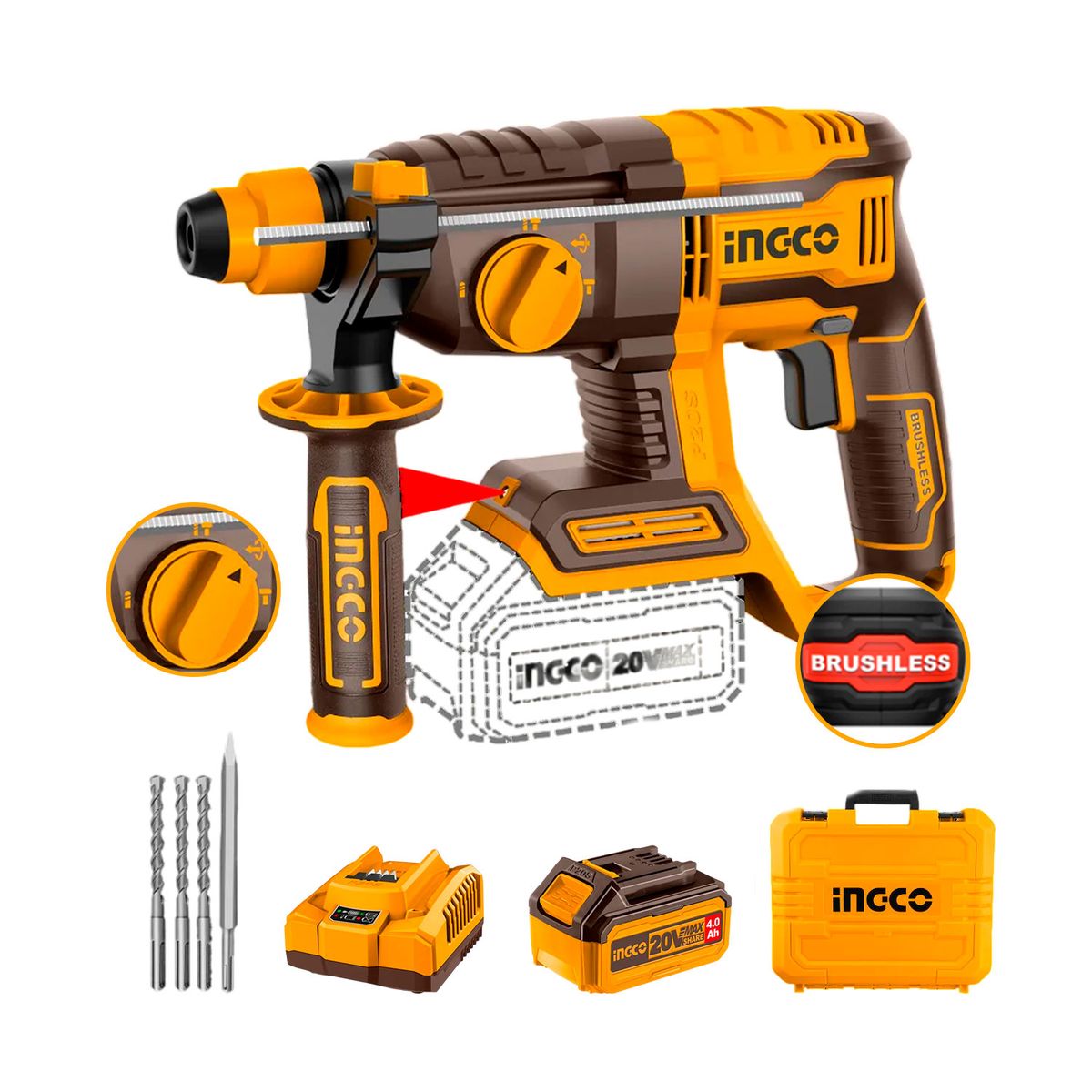 INGCO TOOLS - Rotomartillo 4 Funciones + Batería 4ah + Cargador 20v + Accesorios