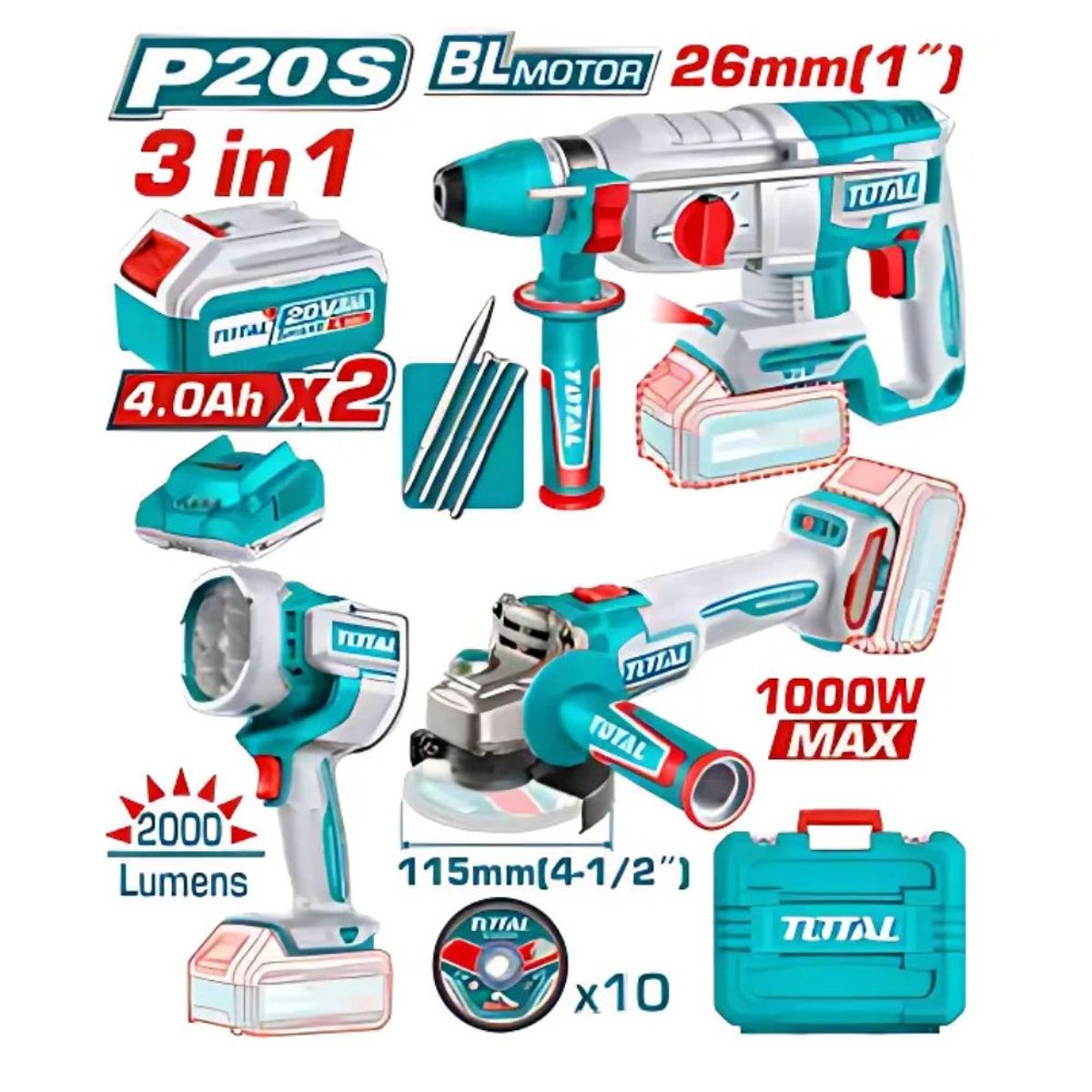 TOTAL TOOLS - Combo 3 en 1 Rotomartillo 26MM + Amoladora 1000W + Linterna 2X4.0AH