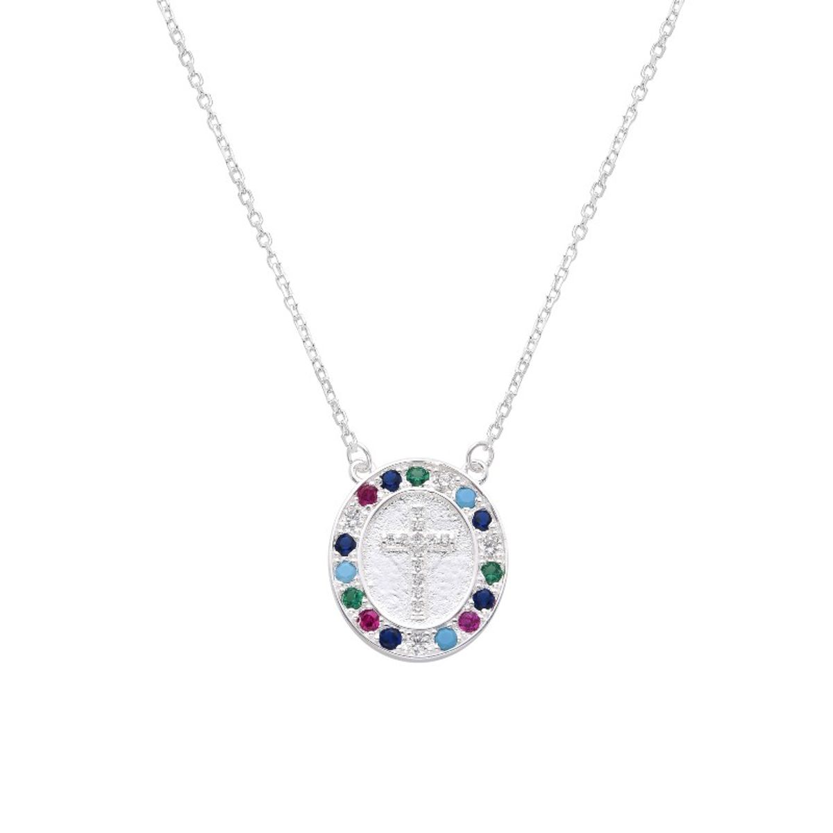 SANTORAL - Collar Cruz Brillos Colores - Plata