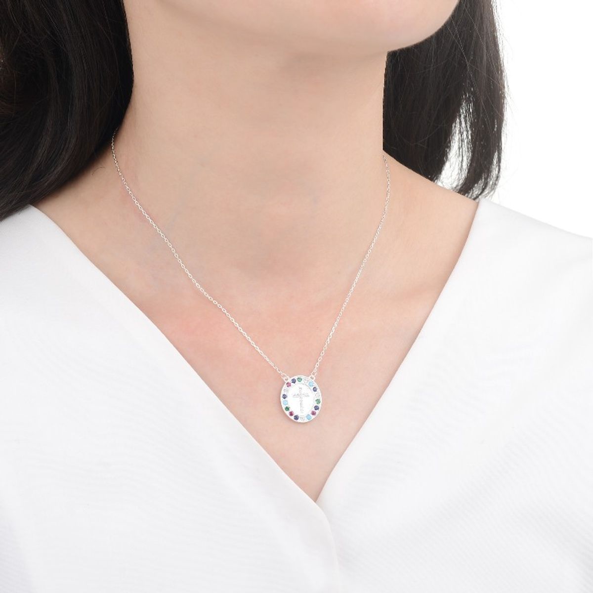 SANTORAL - Collar Cruz Brillos Colores - Plata