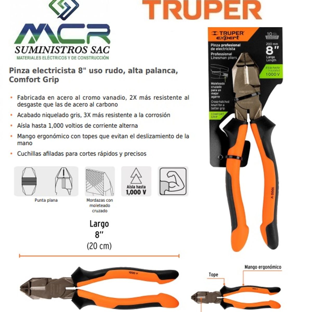 TRUPER - ALICATE UNIVERSAL AISLADO 1000V 8” 20cm TRUPER