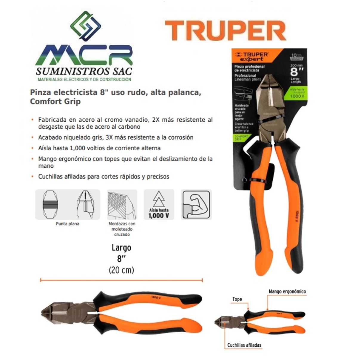TRUPER - ALICATE UNIVERSAL AISLADO 1000V 8” 20cm TRUPER