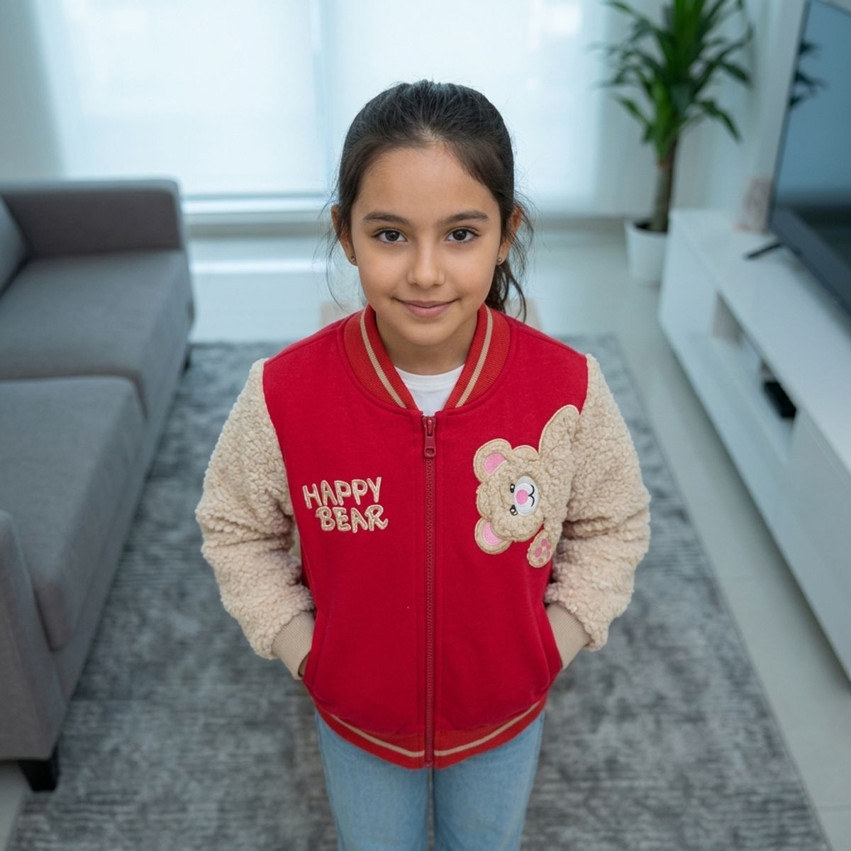 GENERICO - Casaca Niña Tipo Varsity Cereza Mangas Borrego Oso - Angela Kids