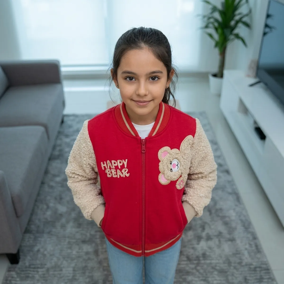 GENERICO - Casaca Niña Tipo Varsity Cereza Mangas Borrego Oso - Angela Kids
