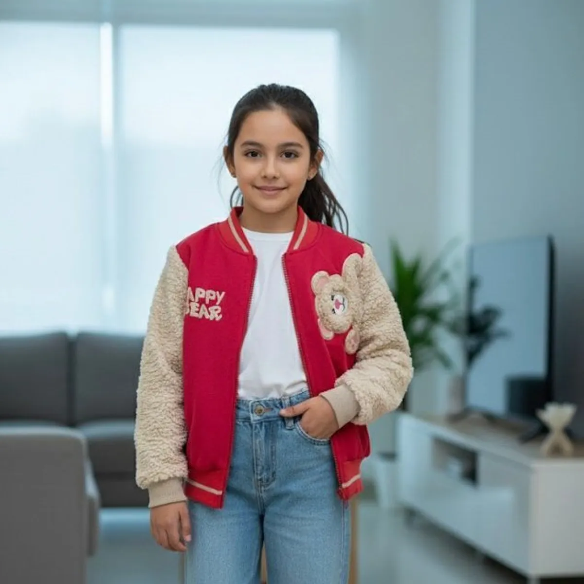 GENERICO - Casaca Niña Tipo Varsity Cereza Mangas Borrego Oso - Angela Kids