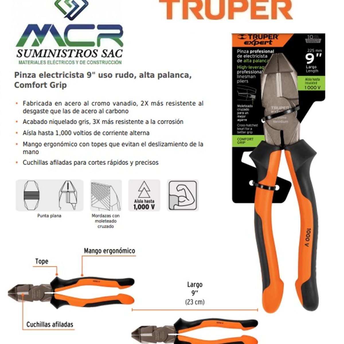 TRUPER - ALICATE UNIVERSAL AISLADO 1000V 9” 23cm TRUPER