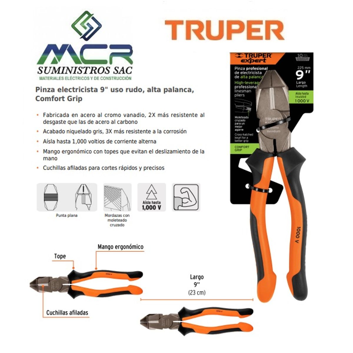 TRUPER - ALICATE UNIVERSAL AISLADO 1000V 9” 23cm TRUPER