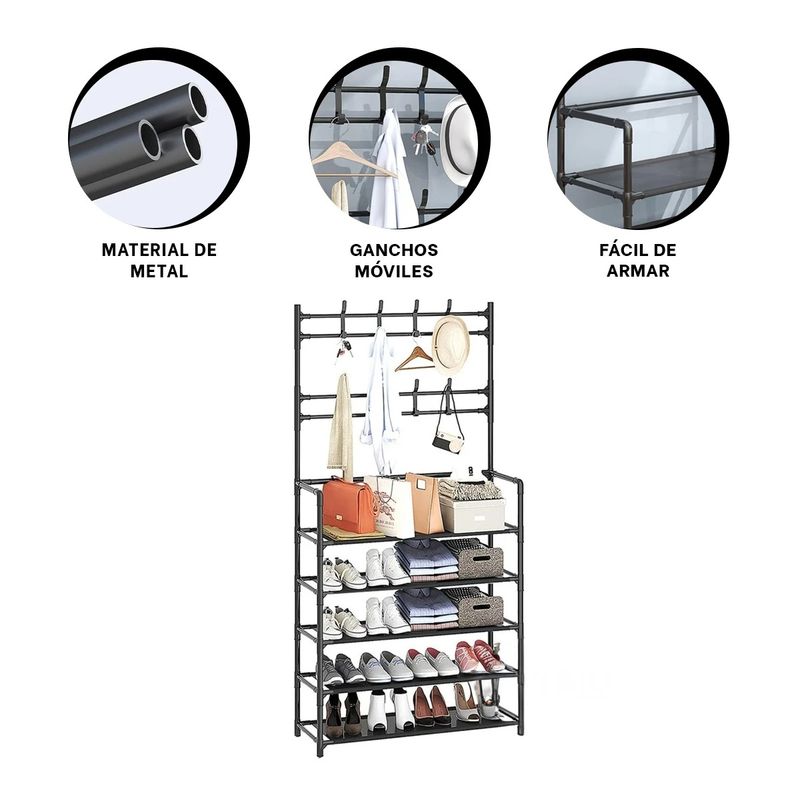 GENERICO - Pack4 Rack con Ganchos Modelo Derecho 5 N en Negro