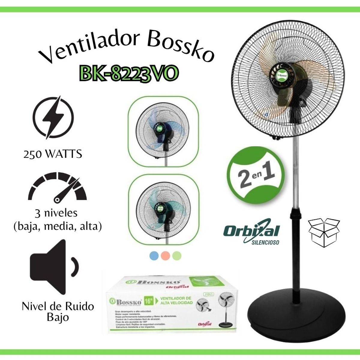 BOSSKO - Ventilador Bossko Orbital 16" 2en1 5 helices Acrilicos BK-8223VO
