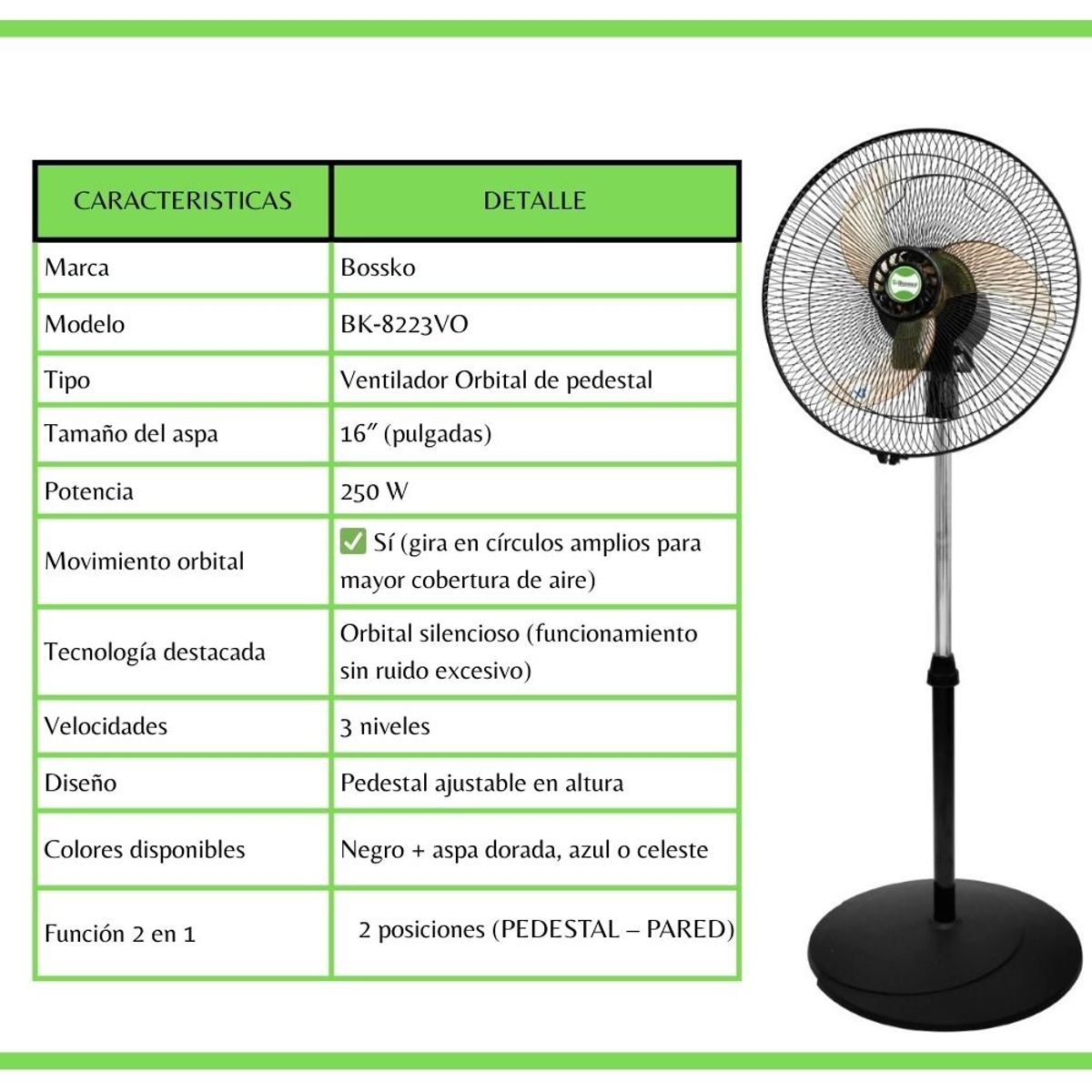 BOSSKO - Ventilador Bossko Orbital 16" 2en1 5 helices Acrilicos BK-8223VO
