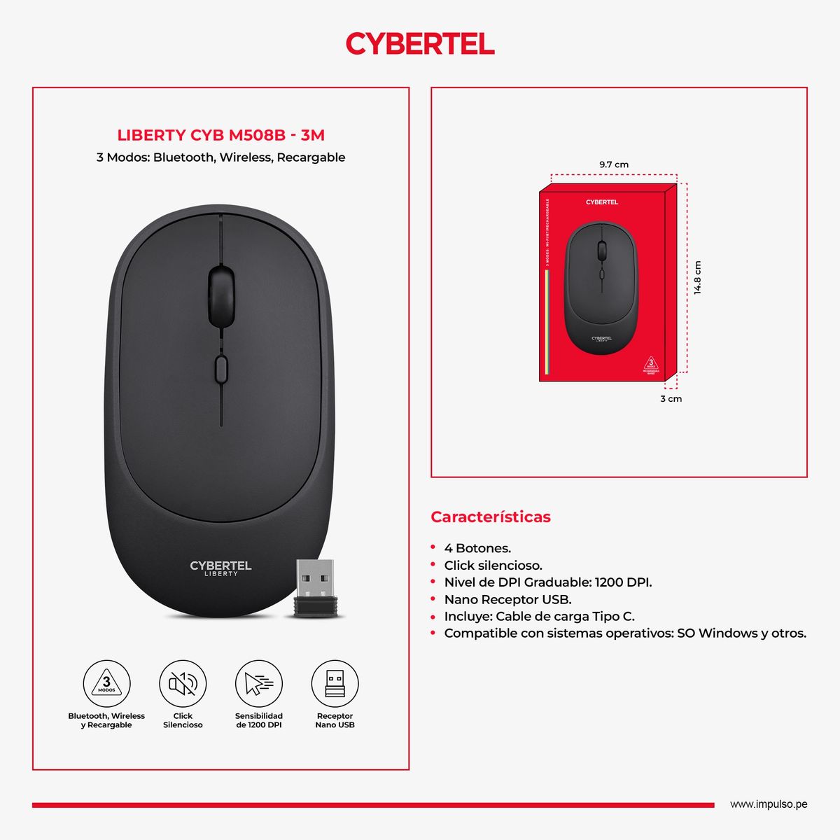 CYBERTEL - Mouse 3ModosBT Inalámbrico Recargable Cybertel Liberty CYBM508b-3M