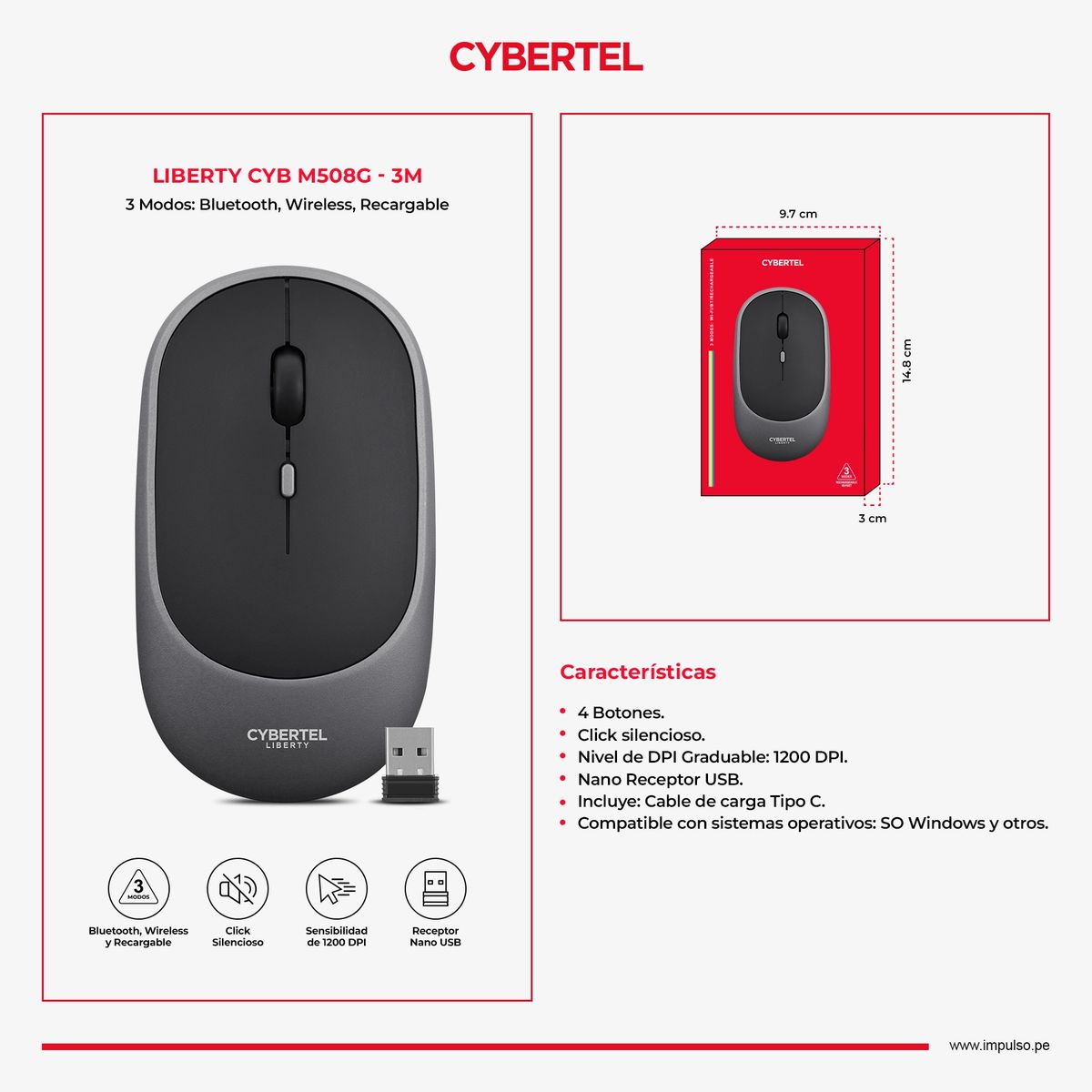 CYBERTEL - Mouse 3Modos BT Inalámbrico Recargable Cybertel Liberty M508g-3M
