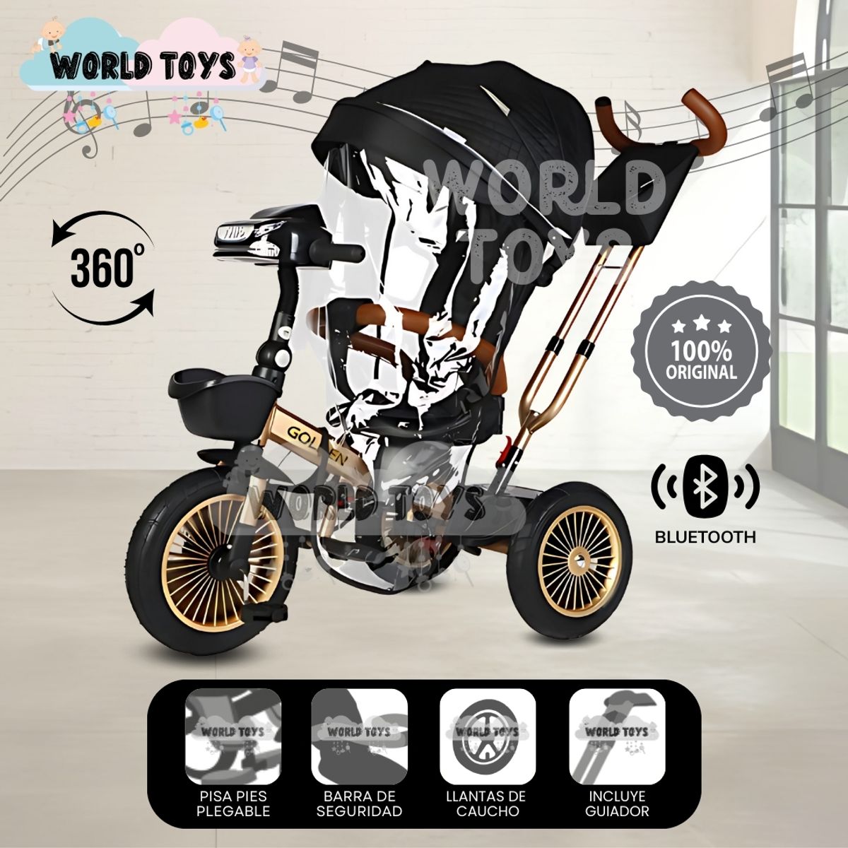 VOYAGE - Triciclo Guiador 3 En 1 «GOLDEN PRIME» con Bluetooth Black