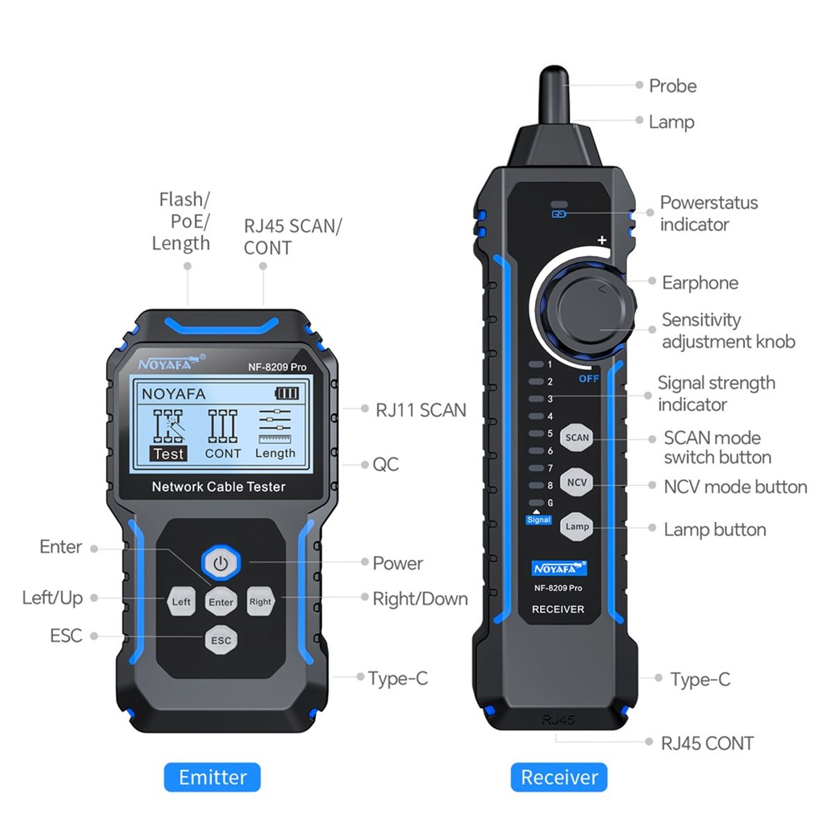 NOYAFA - Noyafa NF-8209PRO Probador de Cables CAT5CAT6 con PoE Wiremap Medidor Longitud y NVC