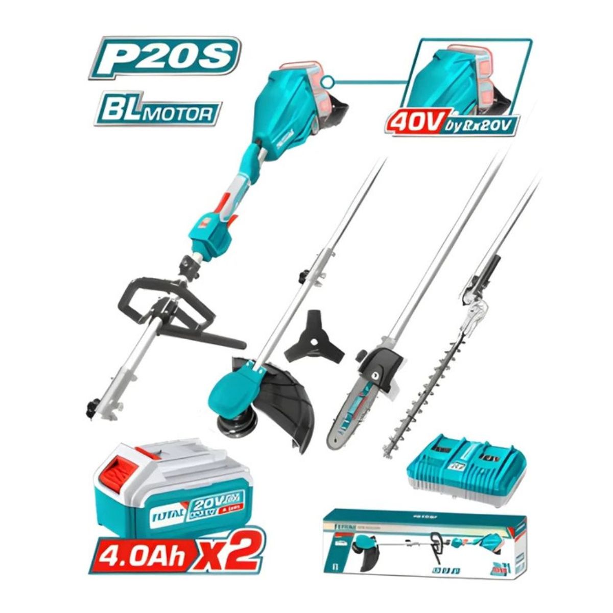 TOTAL TOOLS - Set Cortasetos + Guadaña + Extensiones 40v 4 Funciones EN 1 INDUSTRIAL