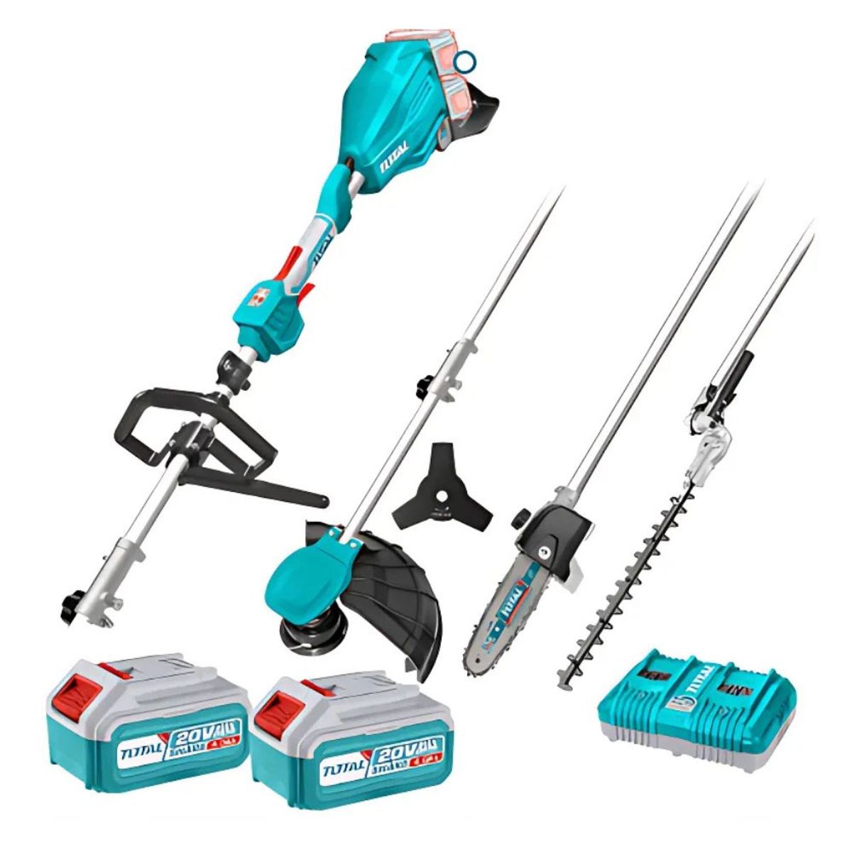 TOTAL TOOLS - Set Cortasetos + Guadaña + Extensiones 40v 4 Funciones EN 1 INDUSTRIAL