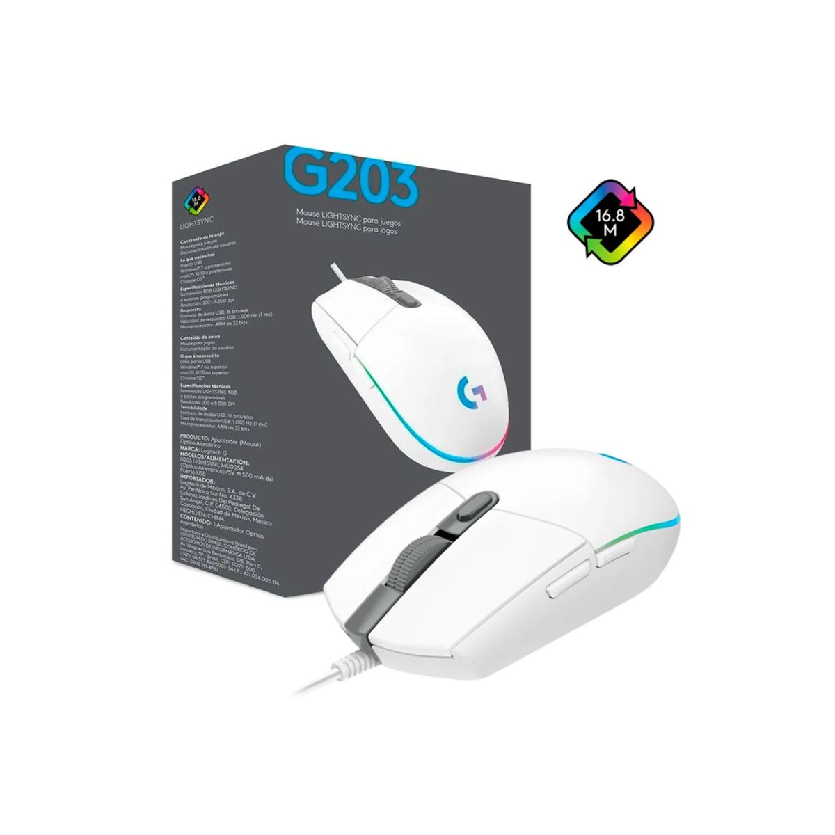 LOGITECH - MOUSE LOGITECH G203 LIGHTSYNC OPTICAL 8000 DPI RGB CON CABLE BLANCO