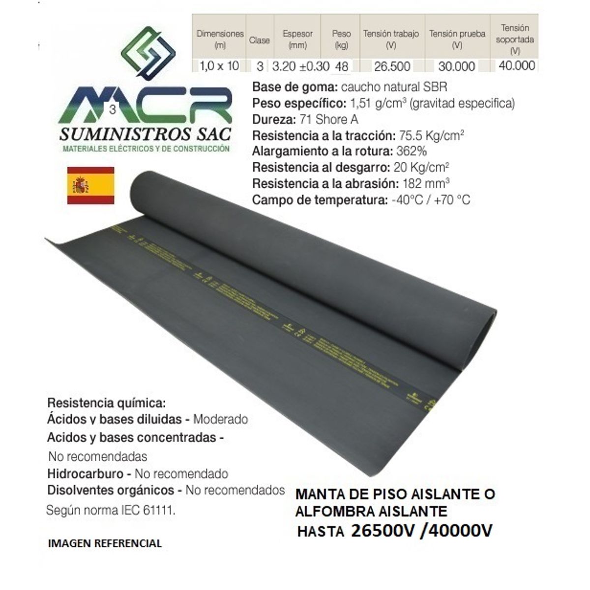 GENERICO - alfombra dieléctrica de piso de 10mts hasta 26500V CLASE 3 EUROPEO