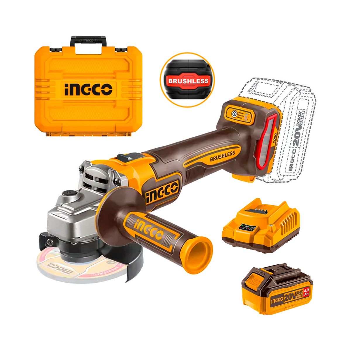 INGCO TOOLS - Amoladora Angular 115mm + Batería De 4.0 Ah + Cargador 20v