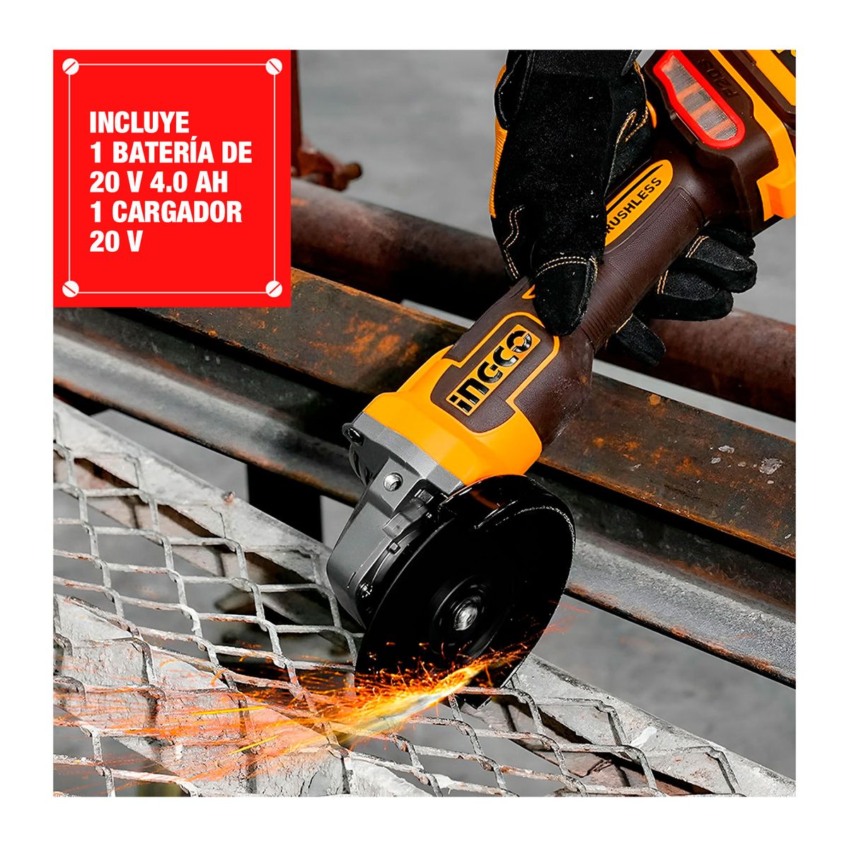 INGCO TOOLS - Amoladora Angular 115mm + Batería De 4.0 Ah + Cargador 20v