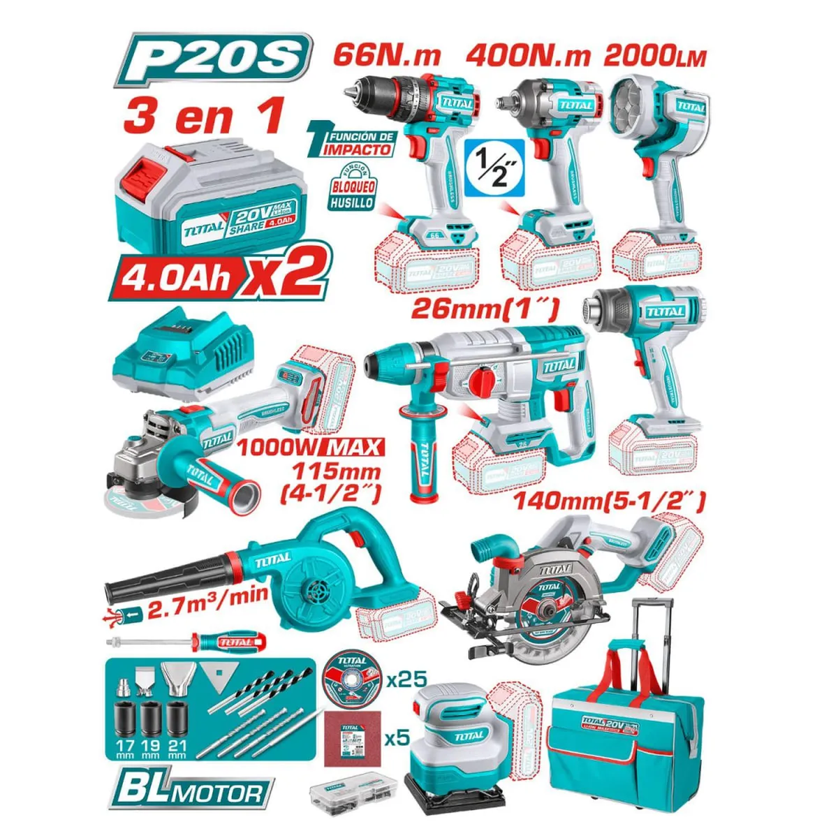 TOTAL TOOLS - SuperCombo Inalambrico Industrial 10 en 1 Pro Industrial Total