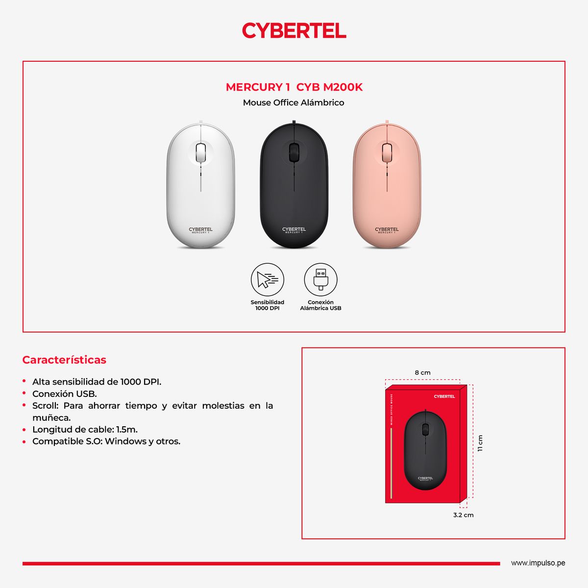 CYBERTEL - Mouse Oficina Alámbrico 1000DPI Negro Cybertel Mercury 1 CYB M200K
