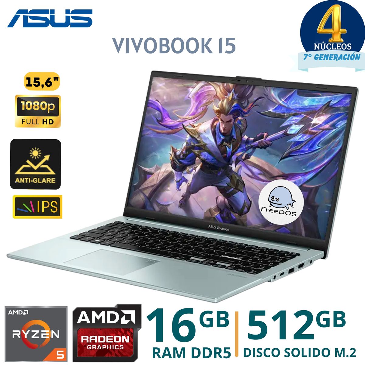 ASUS - Laptop Asus VivoBook Go 15 E1504FA-NJ545 AMD Ryzen 5 -7520U, 15,6"FHD, Ram 16GB, SSD 512GB, FreeDos