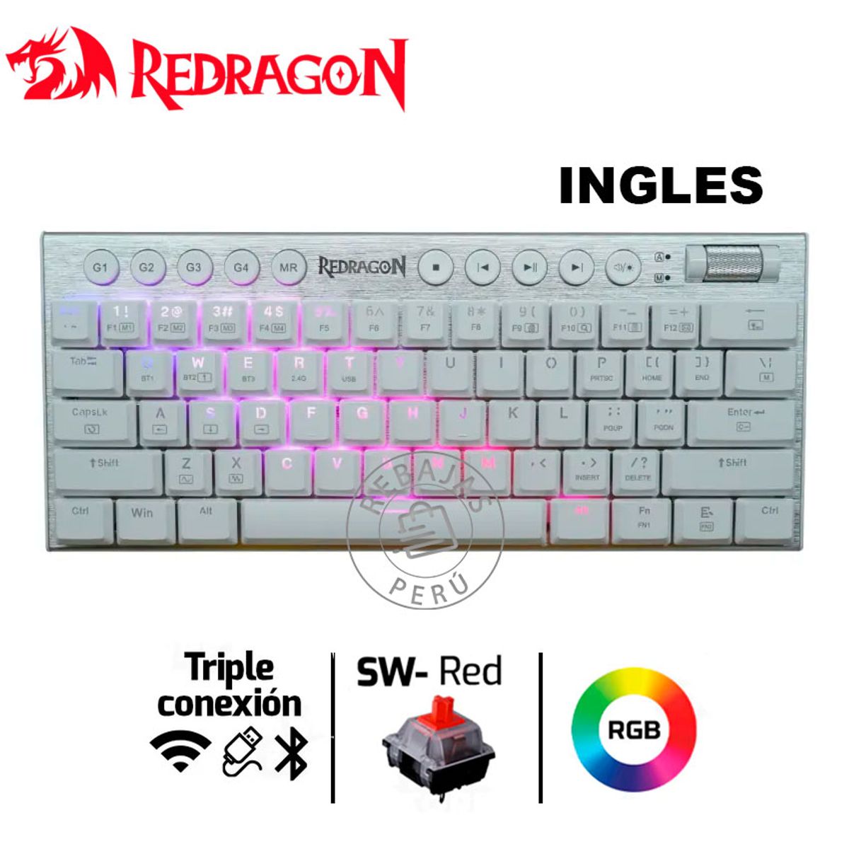 REDRAGON - Teclado Mecánico Redragon HORUS K632-PRO-RGB 60% Wireless Red Switch