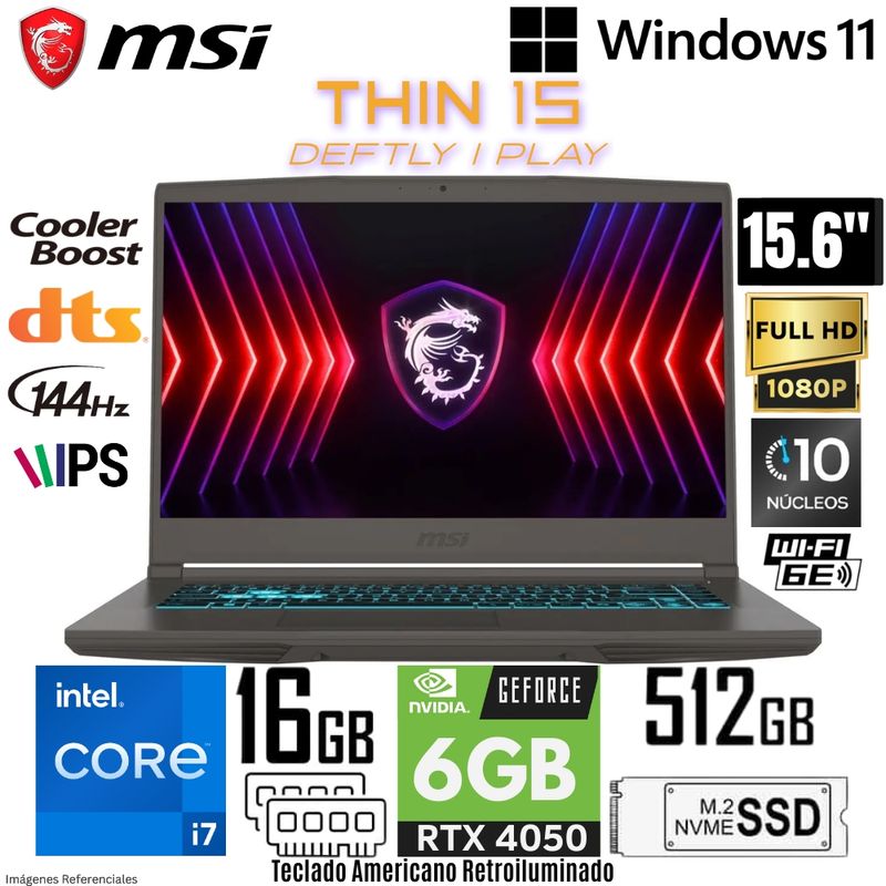 MSI - Laptop MSI THIN 15 B13VE Intel Core i7-13620H 16GB RAM 512GB SSD 15.6" RTX 4050-6GB FHD 144HZ