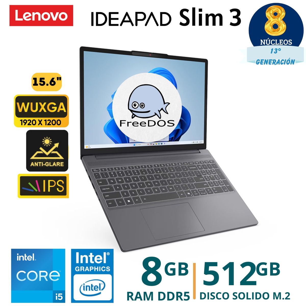 LENOVO - Laptop Lenovo IdeaPad Slim 3 15IRH10 Core I5 -1342H, 15,3"WUXGA, Ram 8Gb, SSD 512Gb, FreeDos